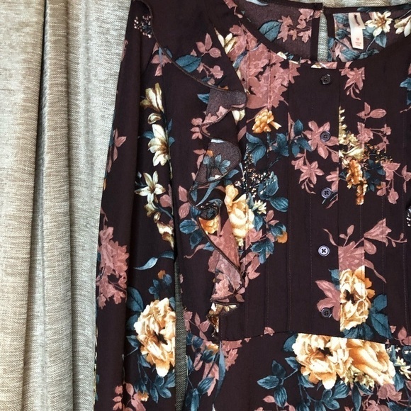 Xhiliration Wine Floral Print Long Sleeve Scoop Neck Ruffle Front Dress Medium - Picture 3 of 16